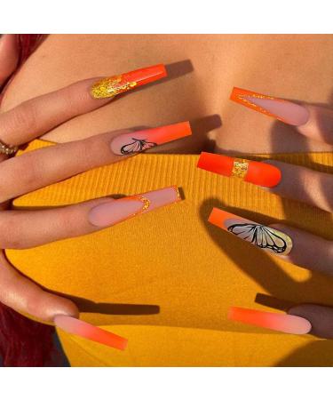 Brishow Orange Artificial Press On Nails with Gold Glitter Butterfly - 24 Ballerina Acrylic False Nails for Women & Girls - Buy Online on GoSupps.com