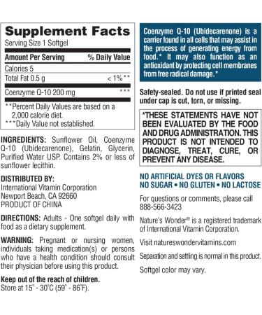 Nature's Wonder CoQ10 Supplement - CoQ10 200mg Softgels to Support Heart Health Cardiovascular Function and Cellular Energy Production 120 Softgels 120 Days Supply - Buy Online on GoSupps.com