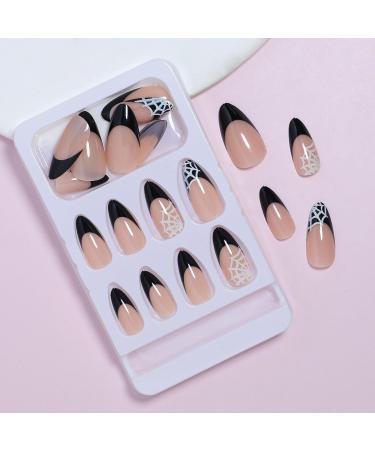 French Tip Press on Nails - Almond Shape Full Cover Acrylic | Halloween Spider Web Design - Glossy Stick-On Nails for Women/Girls - Buy Online on GoSupps.com