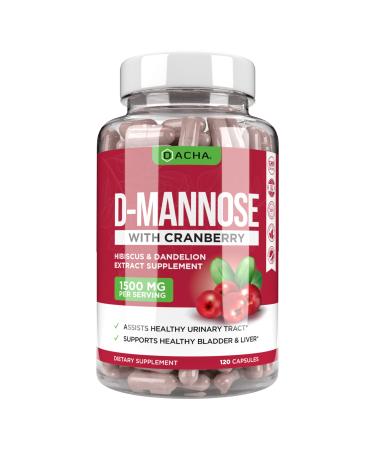 Natural D-Mannose Capsules 4-in-1 Formula - 120 CAPS, 1500 MG Cranberry, Dandelion, Hibiscus Flower Extract, Fast-Acting Pills for Bladder, Urinary Tract Health Support, Flush or Prevent Impurities