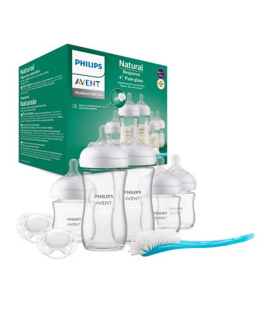 Philips Avent Natural Response Newborn Glass Gift Set - 5 x Baby Bottles 2 x Philips Avent Ultra Soft Soother 0-6 Months Bottle Brush BPA Free (Model SCD879/11) Gift Set SCD879/11