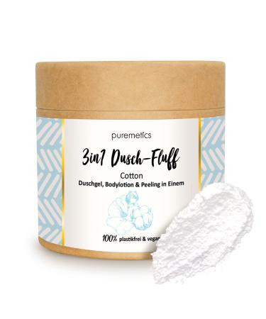 puremetics 3in1 shower fluff cotton with sugar peeling 250g shower gel peeling and lotion in one vegan and plastic-free