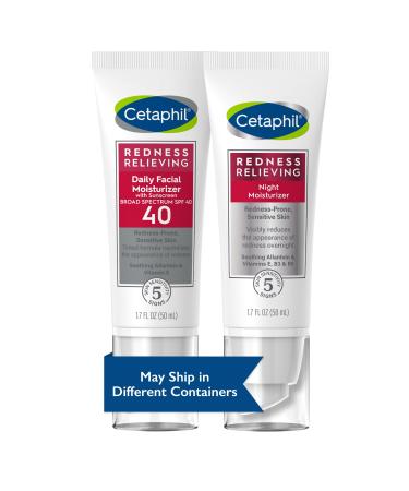 Cetaphil Redness Relieving Set Night Moisturizer (1.7 oz) and Daily Facial Moisturizer SPF 40 (1.7 oz) For Redness Prone Skin Mother's Day Gifts
