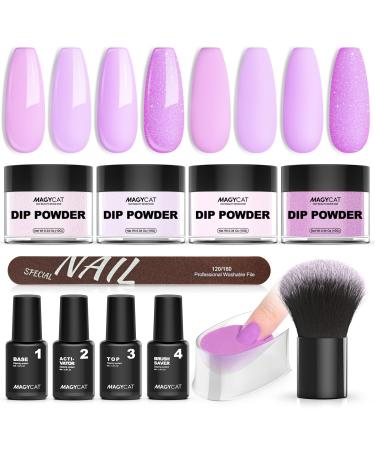 Dip Powder Nail Kit Starter 4 Colors Edgy Purple Dipping Powder Liquid Set With Base Activator Top Coat Brush Saver for Nail Dip Art Diy Kit at Home Purple Series