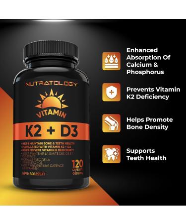 Vitamin K2 + D3 Highest Potency 120MCG/1000 IU - 120 Capsules - Helps Maintain Bone & Teeth Health - Formulated With MK-7 For Best Results - Immune System Support - Made In Canada 120 count (Pack of 1) - Buy Online on GoSupps.com