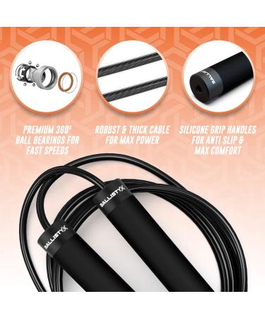 Ballistyx Premium Speed Jump Rope with 360 Spin Steel Handles, Silicone Grips, 2 Adjustable Cables - Ideal for Crossfit, Gym, Home Fitness - Carbon Black - Buy Online on GoSupps.com