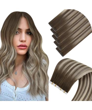 LAAVOO TAPE Extensions Real Hair Brown Balayage Real Hair Extensions Tape Virgin 10g Tape Real Hair Extensions Dark Brown to light Brown Blond Smell #4/7/80 5PCs 40cm Virgin-5PCs 4.5virgin #7/7/ICE