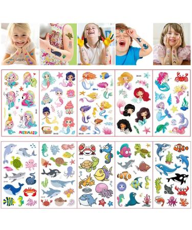 Mermaids and Sea Animals (410 Pieces) Kid Waterproof Temporary Tattoos  Children Temporary Tattoos  Girls and Boy Face Tattoo Stickers  Birthday Party Favors  Goodie Bag Stuffers - 30 Sheets