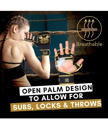 Beast Rage MMA Gloves for Men & Women - Adjustable Wrist Support Open Palm for Martial Arts Grappling and Sparring | S/M Gold - Buy Online on GoSupps.com