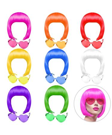 KUUQA 16 Pieces Party Wigs and Sunglass Set, Neon Short Bob Wig Sunglass Pack Costume Colorful Cosplay Wig Daily Party Hairpieces for Bachelorette Neon Party Favors, Halloween and Decorations 16 Piece Set 8colors