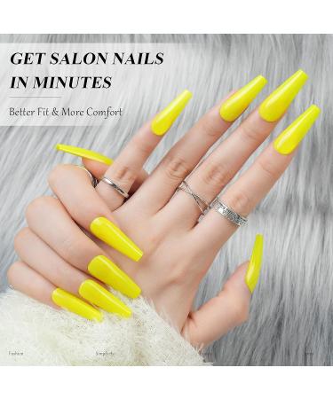 Jofay Fashion Fluorescent Yellow Long Coffin Press on Nails - 24pcs | Reusable Glossy False Nails with Glue for Women and Girls - Buy Online on GoSupps.com