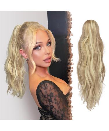 FESHFEN Ponytail Extensions Long Claw Clip in Ponytail Hairpiece Synthetic Dark Ash Blonde Mixed Bleach Blonde Pony Tails Hair Piece Ponytail with Claw Clip Natural Wavy Hairpieces for Women 20 inch