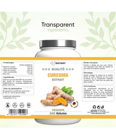 Turmeric Extract - 240 capsules - Curcumin content equivalent to 17 500mg Turmeric - 4 months stock - Pill box included - High dosed 98% - Vegan - Tested in - Buy Online on GoSupps.com