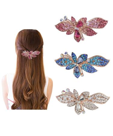 Crystal Hair Claw Clip  3pcs Rhinestone Hair Clips French Hair Barrettes Spring Clip Bridal Wedding Formal Event Jewelry Accessory for Women and Girl (Pink Blue Clear)