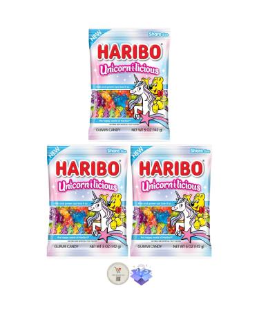 Haribo Gummi Candy - Soft & Chewy Delicious Gummies (Pack of 3) Share Size Peg Bags + Bonus Mystery Candy (5 oz Unicorn-i-licious) Unicorn-i-licious 5 oz