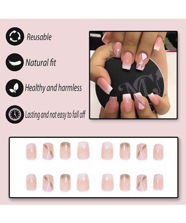 YOSOMK 24Pcs Short Square Press on Nails - Orange Pink Sequins | Full Cover Stick on False Nails with Glue for Women & Girls - Buy Online on GoSupps.com