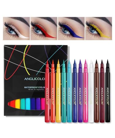 Anglicolor 12 Colours Coloured Eyeliner Matte Liquid Eyeliner Set Long Lasting Waterproof Eyeliner Pen Highly Pigmented Smudge-proof Colourful Eye Liners (12 Colors)