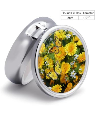 Round Yellow Butterfly & Daisies Pill Box | 3 Compartment Portable Medicine Organizer | Decorative Metal Pocket Pill Case - Style 5 - Buy Online on GoSupps.com