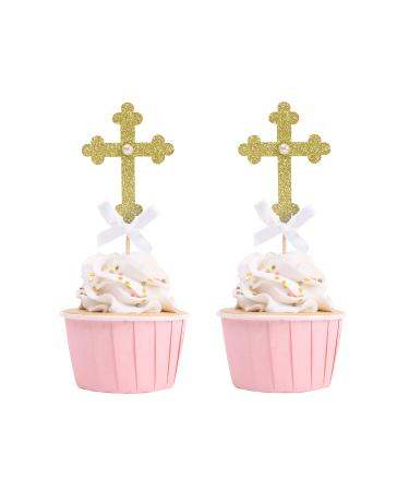Baptism Cupcake Toppers - Baptism Decorations Set of 12 Gold Glitter Cross Cupcake Toppers with White Bow God Bless Cake Decorations First Holy Communion Decorations Baby Shower Decorations