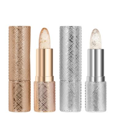 2PCS Color Changing Lipstick Tinted Lip Balm Moisturizer for Dry Lips Hydrate Plump Shimmer Gold Foil Silver Foil Lip Stick Set