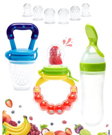 Gedebey Baby Fruit Pacifier Feeder - 3 Pack | 2 Silicone Fruit Teethers for Babies & 1 Baby Feeding Spoon | Baby Food Pacifier Feeder | Baby Silicone Feeder for Infants | Forage Feeder (Colorful)