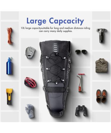 Lixada 10L Large Capacity Waterproof Bike Saddle Bag | Black Polyester | Cycling Tail Storage Pack for Mountain/ Road/ MTB Bicycles - Buy Online on GoSupps.com