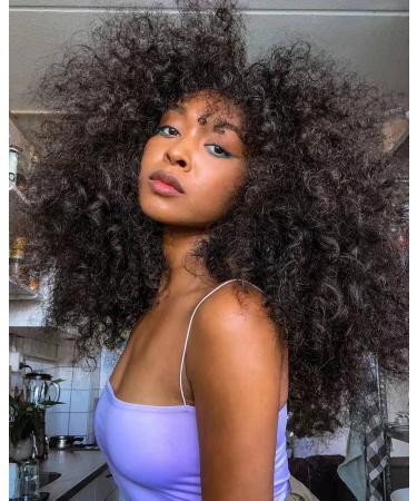 Sweece Long Curly Afro Wig with Bangs for Black Women - 18 Inch Black Kinky Curly Hair Synthetic Wig - Buy Online on GoSupps.com