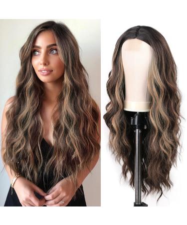 Ulzzviy Long Brown Mixed Blonde Wavy Wig for Women 24 Inch Middle Part Curly Wavy Wig Natural Looking Synthetic Heat Resistant Fiber Wig for Daily Party Use R4-8-26