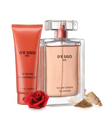 D'e Siso Classic Red Fragrances Gift Set - Moisturizing Scented Body Lotion and Eau de Toilette Floral Perfume for Women with Vanilla Rose and Musky Ingredients - Locion y Perfume de Mujer Red Set