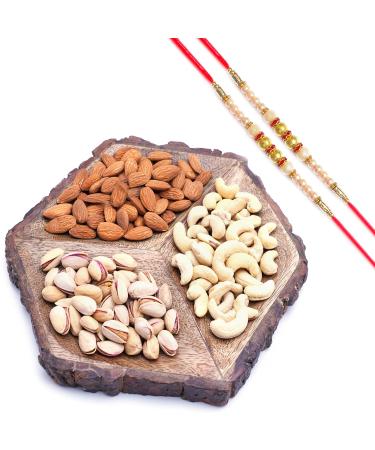 Ghasitaram Gifts Rakhi Gifts for Brothers Dryfruit - Hexagon Log Platter with Dryfruits with 2 Pearl Rakhis