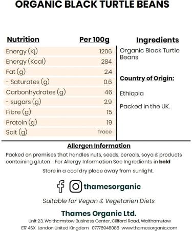 Thames Organic Black Turtle Beans 1kg - GMO-Free High Protein and Fibre - Certified Organic, Raw Vegan - Nutritious and Versatile - Pack of 1 - Buy Online on GoSupps.com