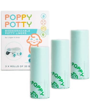 Potty Chair Liners Universal Fit Biodegradable - 60 Count Potty Bags- Fits Most Portable Potties - Bags are 16"x17"- Multi-Pack - Disposable - Soft Touch, Leak-Proof, Compostable - 3xRolls of 20 Each