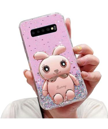 Tivenfezk Nadoli for Samsung Galaxy S10 Plus Hase Hidden Stand Shell caricature glitter rabbits stand Soft silicone bling cell phone case transparent protective cover samsung galaxy s10 plus pink