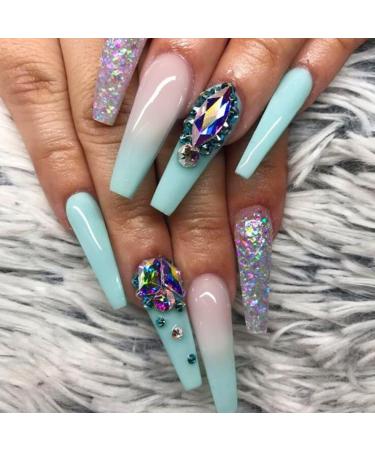 24pcs Fake Nails Extra Long Ballerina Coffin Serpentine Rhinestone Pink Decals DIY False Nails with Designs Nail Art New in 2022