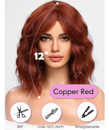 WOKESTAR Bob Curly Wig with Fringe Short Synthetic 12 Wavy Wig for Women in Copper Color - Buy Online on GoSupps.com