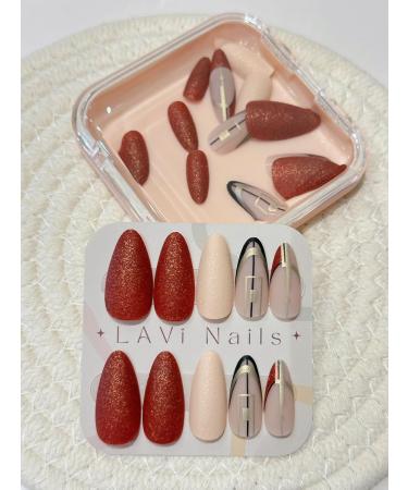 Long Stiletto/Almond Red Matte Glitter with Black Stripe Fake Press On Nails - Buy Online on GoSupps.com