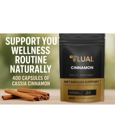 LUAL Cinnamon Supplement 1000mg 400 Vegetarian Capsules Natural Herbal Extract Clean Formula No Sugar or Fillers (Not Ceylon Cinnamon Supplement) - Buy Online on GoSupps.com