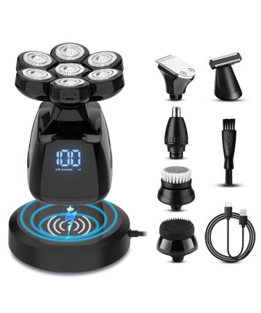 Head Shavers for Bald Men 6-in-1 Electric Razor LED Display Dry/Wet Waterproof Detachable Head Shaver Rechargeable 7D Rotary Shaver Grooming Kit for Men with 2 Charge Modes Black
