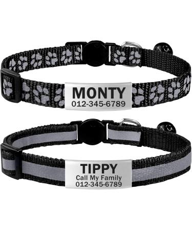 Tagme 2 Pack Cat neck band with name and telephone number cat collar with safety clasp and bell 15-20 cm for kittens black kitten 15-20cm black