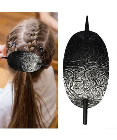 Hair Barrette - Oval Hairpin Clip Vintage Hair Accessory | Oval Leather Hair Barrette Hair Stick Hairpin Holder Long Hair Pin for Women Ponytail Accessory Leather Hair Clips 4.92x1.97in silver - Buy Online on GoSupps.com