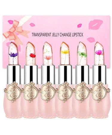 ZARICS 6 PCS Crystal Flower Lipstick Magic Color Changing Lip Gloss Set Jelly Clear Flower Lip Balm Long Lasting Nutritious Korean Lip Gloss Cute Stuff for Girls Lip Glossy Makeup Set(Pink) 1# Pink