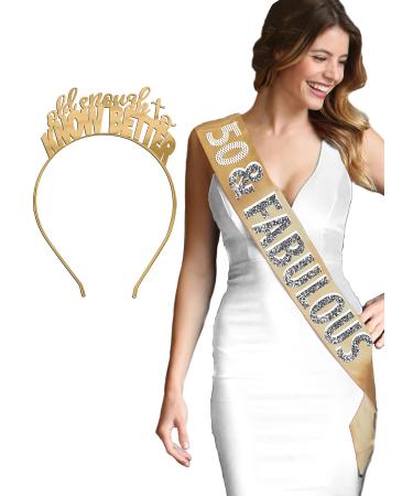 RhinestoneSash 50th Birthday Headbands Tiara Gifts - Birthday Party Hair Accessories  Decorations & Supplies 50 & Fabulous (Gold Sash - Gold Headband)