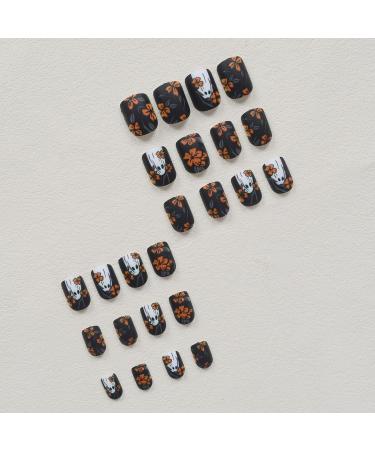 Halloween Press on Nails - Black Short Square False Nails | Ghost Flower Full Cover Acrylic Nails - 24 Pcs Stick on Manicure for Women & Girls - Buy Online on GoSupps.com