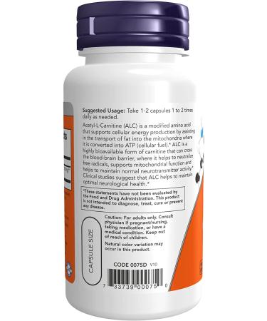 NOW Acetyl-L Carnitine 500mg - Amino Acid for Brain & Nerve Function - 50 Veg Capsules - Buy Online on GoSupps.com