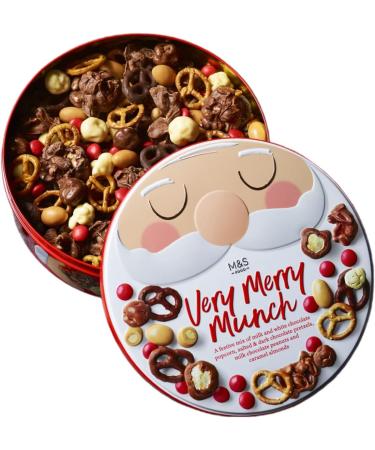 M&S Marks & Spencer Very Merry Munch Christmas Tin , Milk Chocolate Covered Popcorn, Pretzels, Peanuts, Almonds - 460g - Buy Online on GoSupps.com
