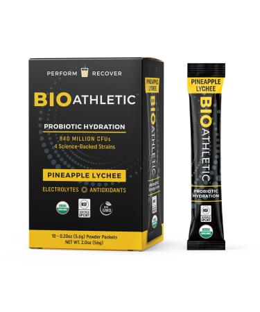 BioAthletic Probiotic + Electrolyte Hydration Drink Mix with Vitamins D & B12 USDA Organic NSF Certified for Sport Subtle Pineapple Lychee Flavor Naturally Light Taste 10 Sticks