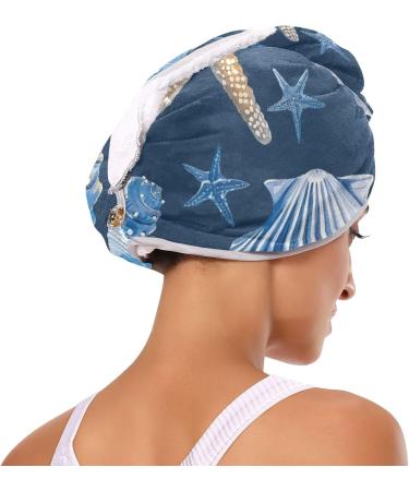 Dark Blue Starfish Shells Hair Towel 2 Pack | Super Absorbent Quick Dry Hair Turbans for Women & Girls - Buy Online on GoSupps.com