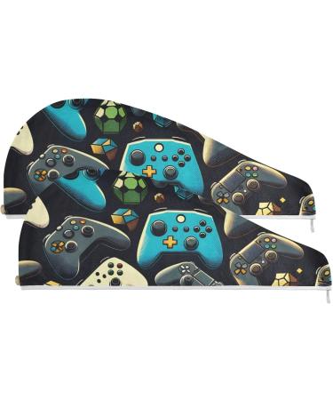 Black & Colorful Gaming Controller Hair Towel 2 Pack - Super Absorbent Quick Dry Hair Turbans with Button Twisty Wrap - Buy Online on GoSupps.com