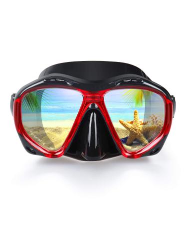 Snorkel Diving Mask Panoramic HD Swim Mask, Anti-Fog Scuba Diving Goggles,Tempered Glass Dive Mask Adult Youth Swim Goggles with Nose Cover for Diving, Snorkeling, Swimming A-Black Red