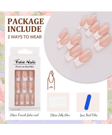 French Tip False Nails 24PCS | Medium Square Nude & White Fake Nails with Jelly Glue - Press on Nails for Women & Girls - Buy Online on GoSupps.com